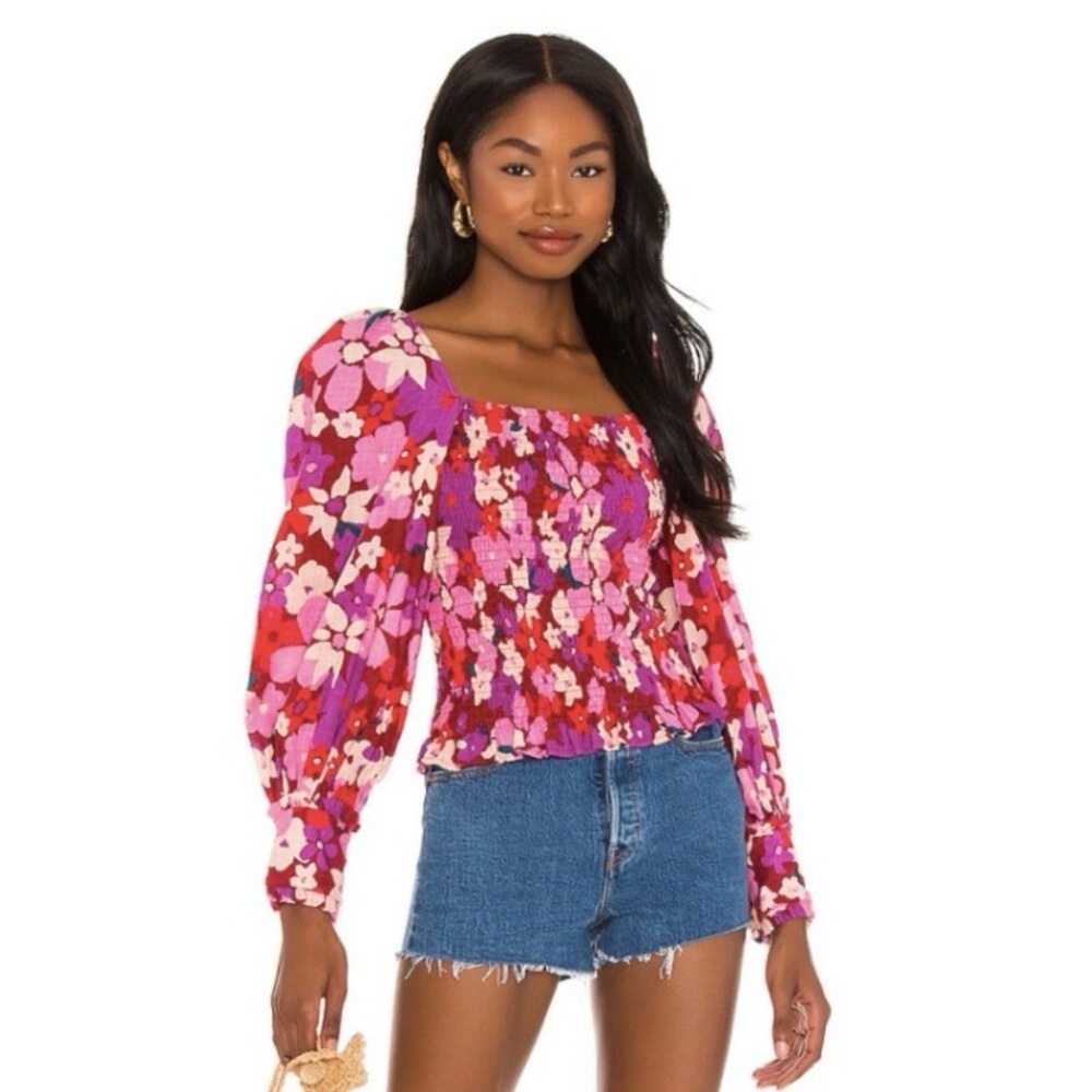 FREE PEOPLE Ariana Smocked Bodice Puff Sleeve Floral Top  Size Small